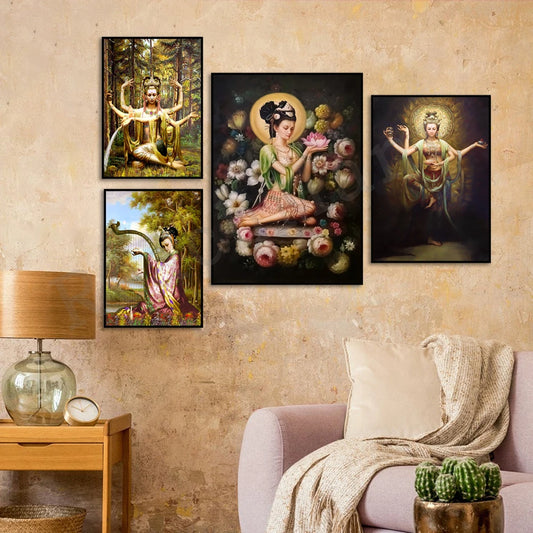 Quan Yin. Avalokitesvara playing Lyre, Stunning Goddess of Mercy ornate Art Poster Decor Canvas Print